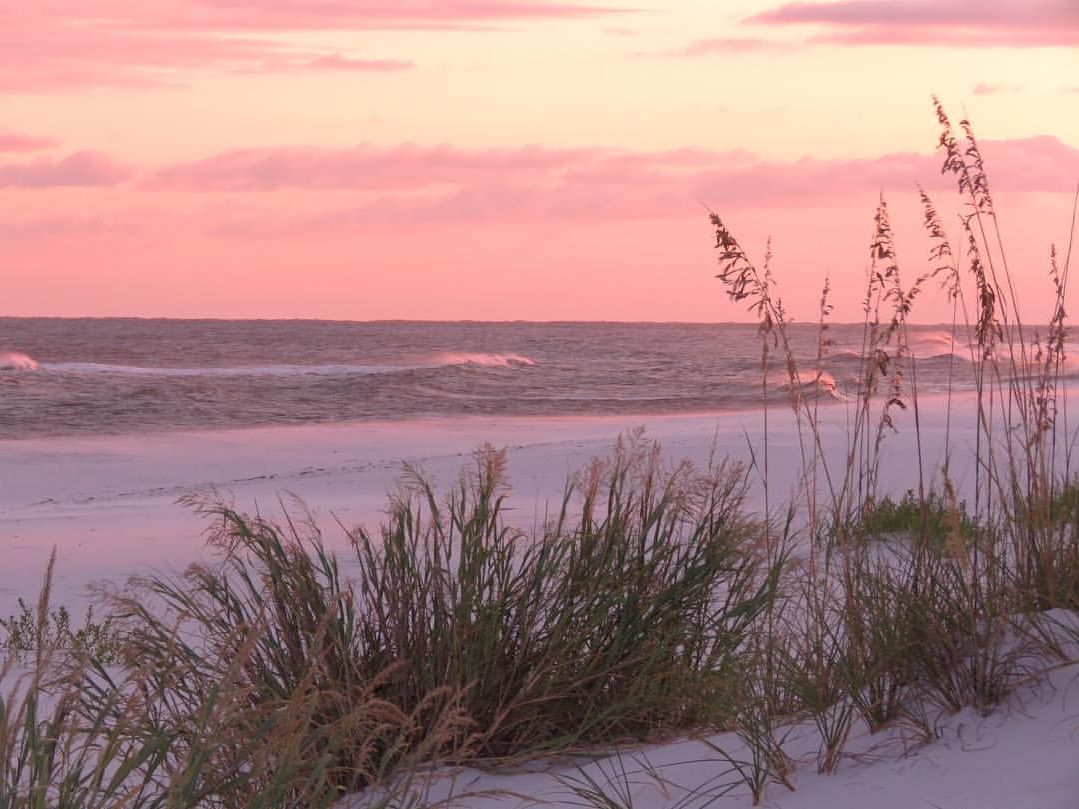 Pink skies glow over Johnson Beach in Perdido Key, casting a warm light on the waves and sea oats along the sugar-white sand.