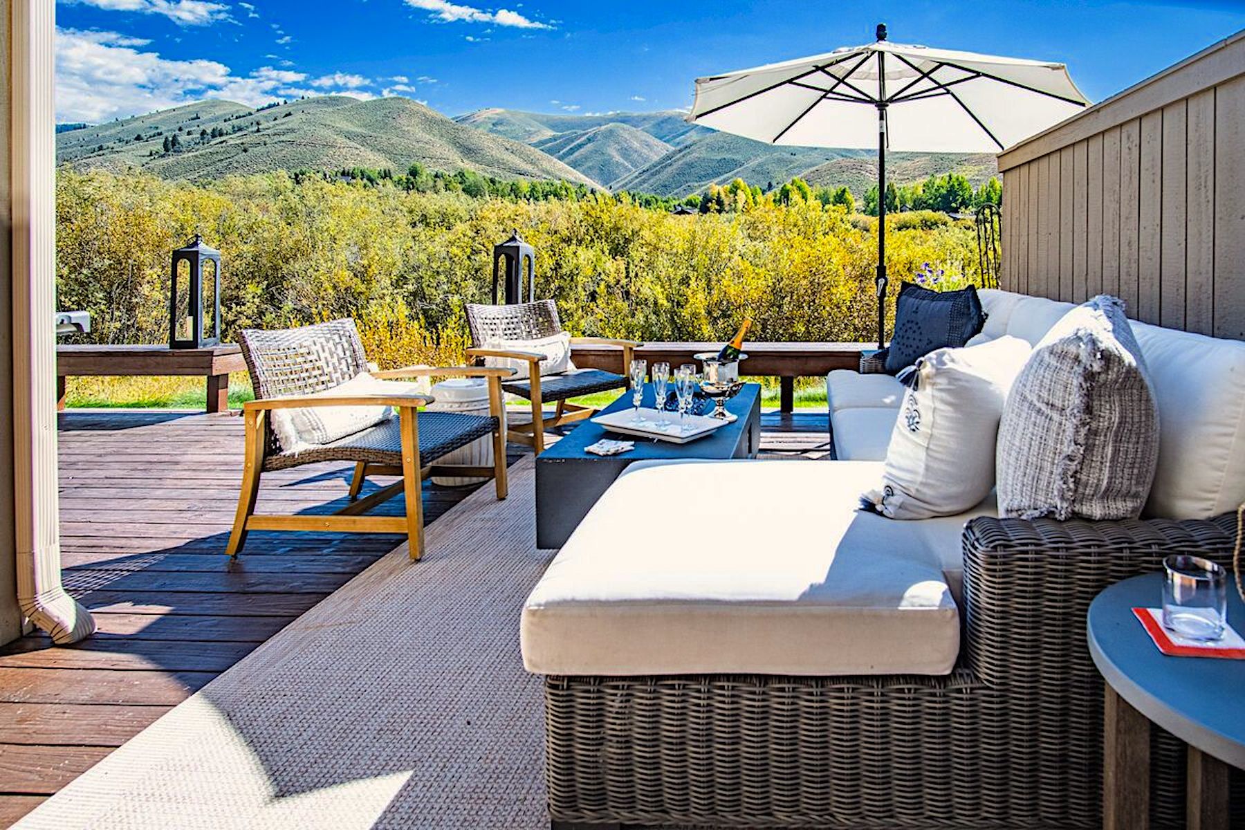 View of Mountains and Outside Seating Area at Luxury Sun Valley ID Vacation Rental