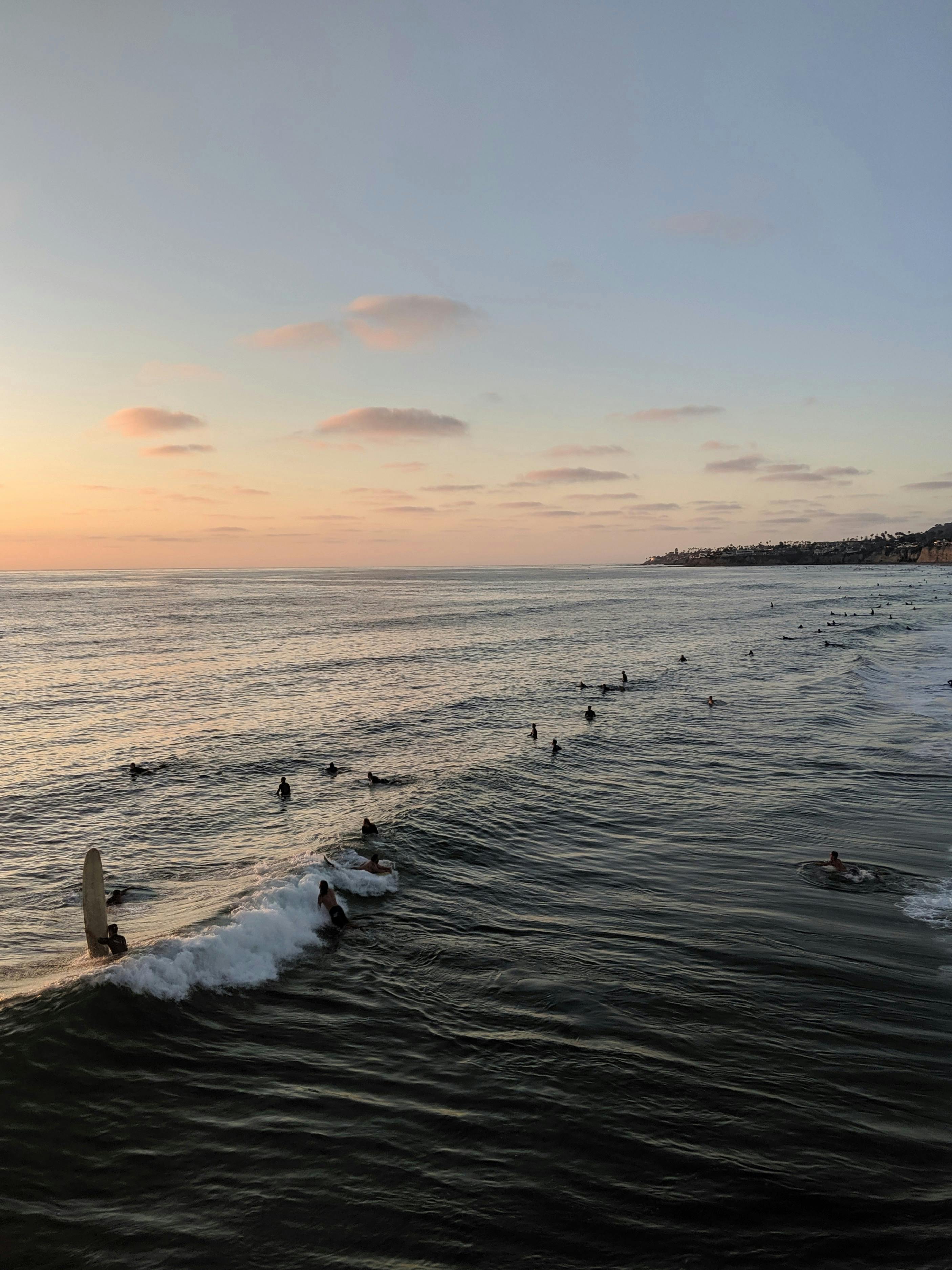 Dozens of surfers gather in the ocean waiting for waves as the sun begins to set along the San Diego coastline. This wide view of the water highlights the lively surf culture and great surfing opportunities found at many San Diego beaches.