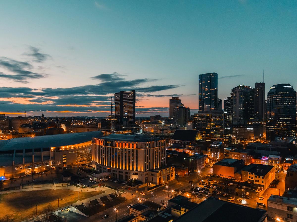 Aerial view of nashville skyline and lit up business buildings