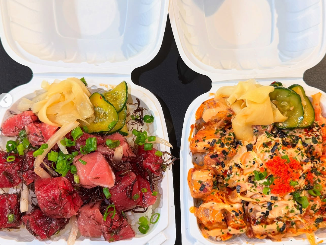 Two poke bowls in styrofoam plates with seafood and sauce