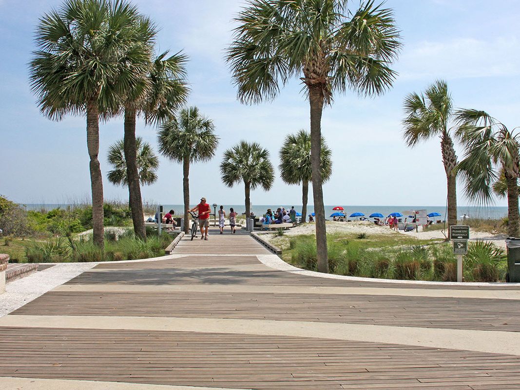 Visitors stroll down the palm-lined boardwalk toward Coligny Beach, one of Hilton Head Island’s most popular beach spots. Families love its clean sands, shaded seating, and nearby shops and cafes.