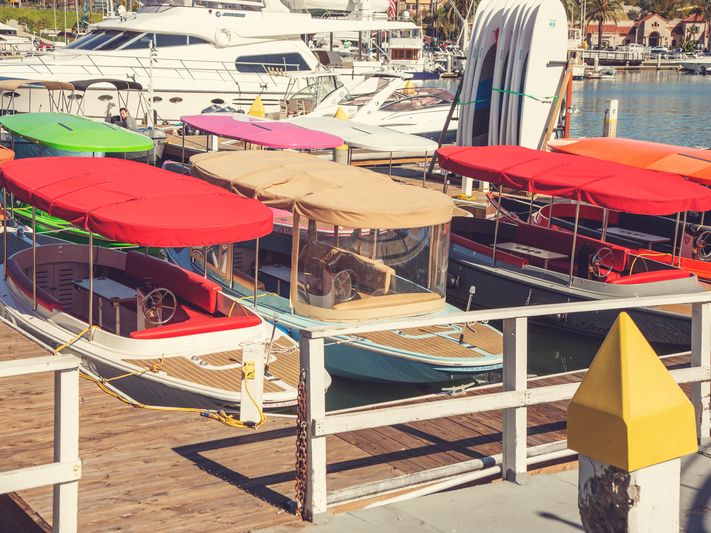 Colorful Electric Duffy Boats in Lido Marina, Newport Beach, CA