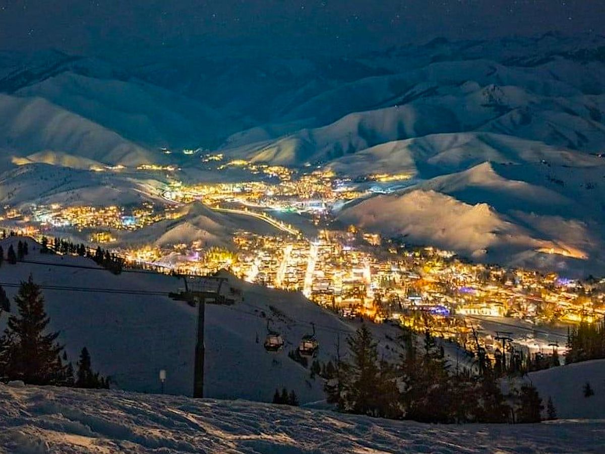 Aerial View of Ski Lift and Sun Valley at Night