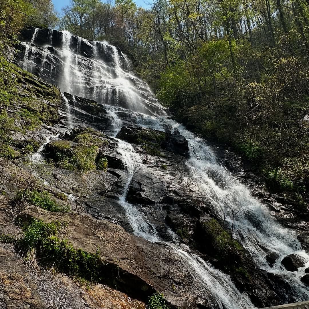 A stunning waterfall cascades down rugged rock surrounded by lush green trees. Sunlight sparkles on the water as it tumbles down, creating a peaceful mountain scene perfect for hikers and nature lovers.