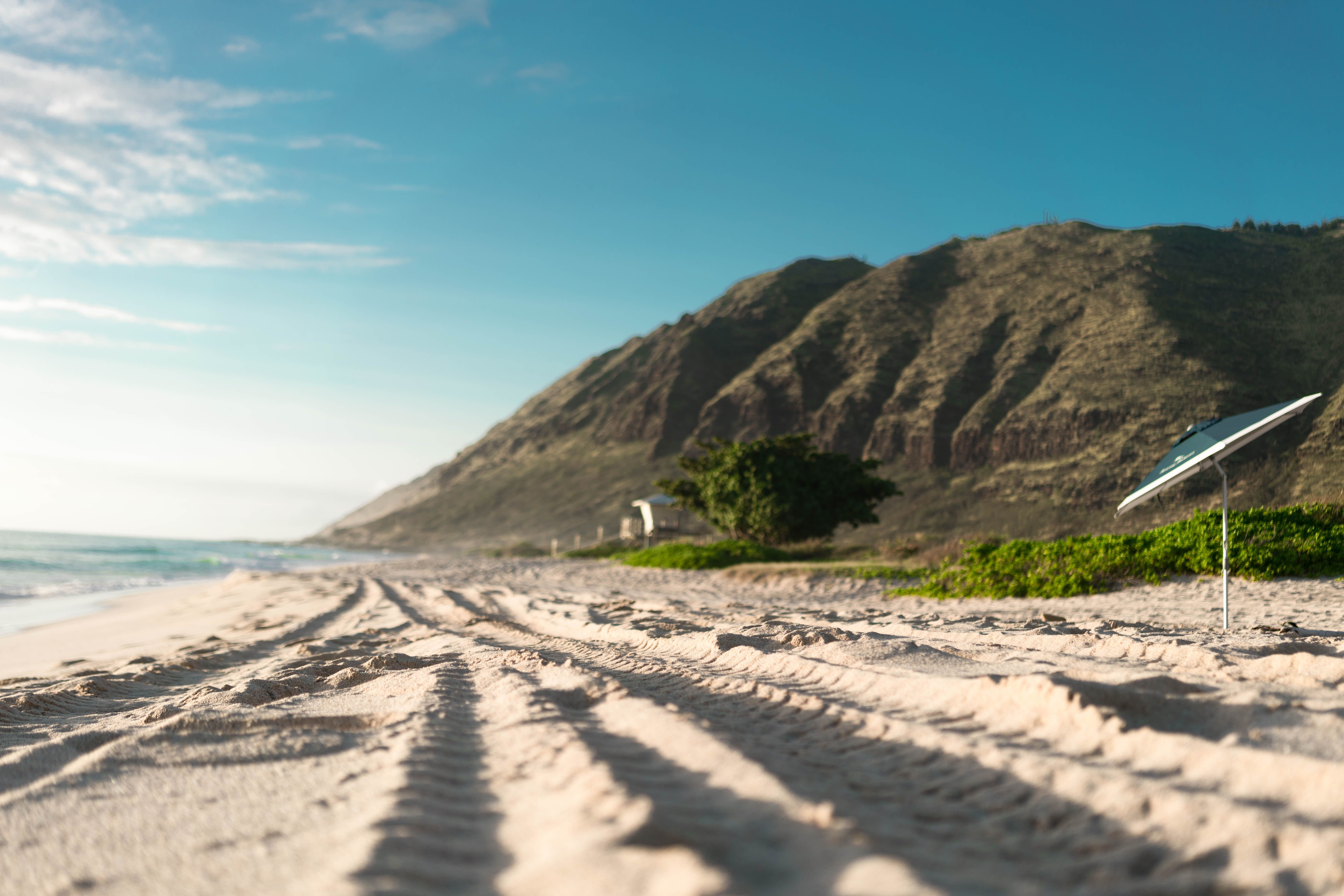 Tire tracks stretch across the wide white sand shoreline of Polihale Beach on Kauai's remote west coast, with rugged golden sea cliffs rising dramatically in the background.