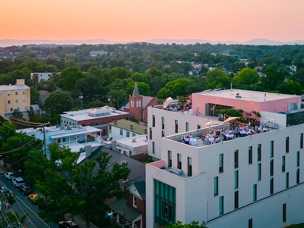 Aerial View of The Doyle Rooftop Bar at Sunset in Charlottesville, VA