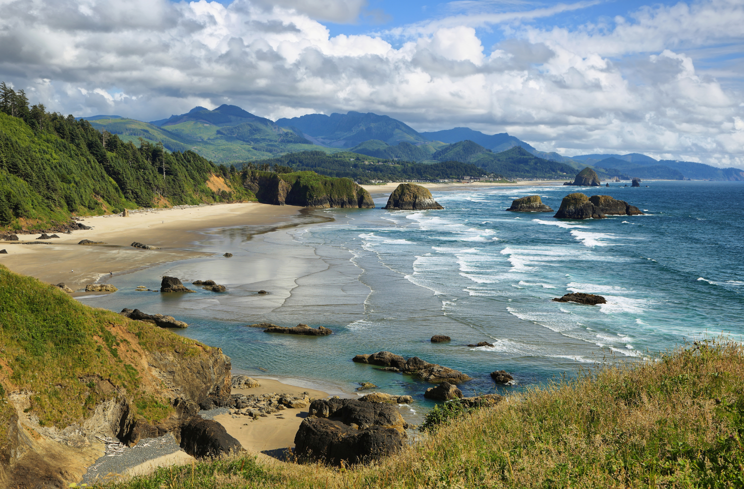 Aerial View of Cannon Beach, OR and Haystack Rock