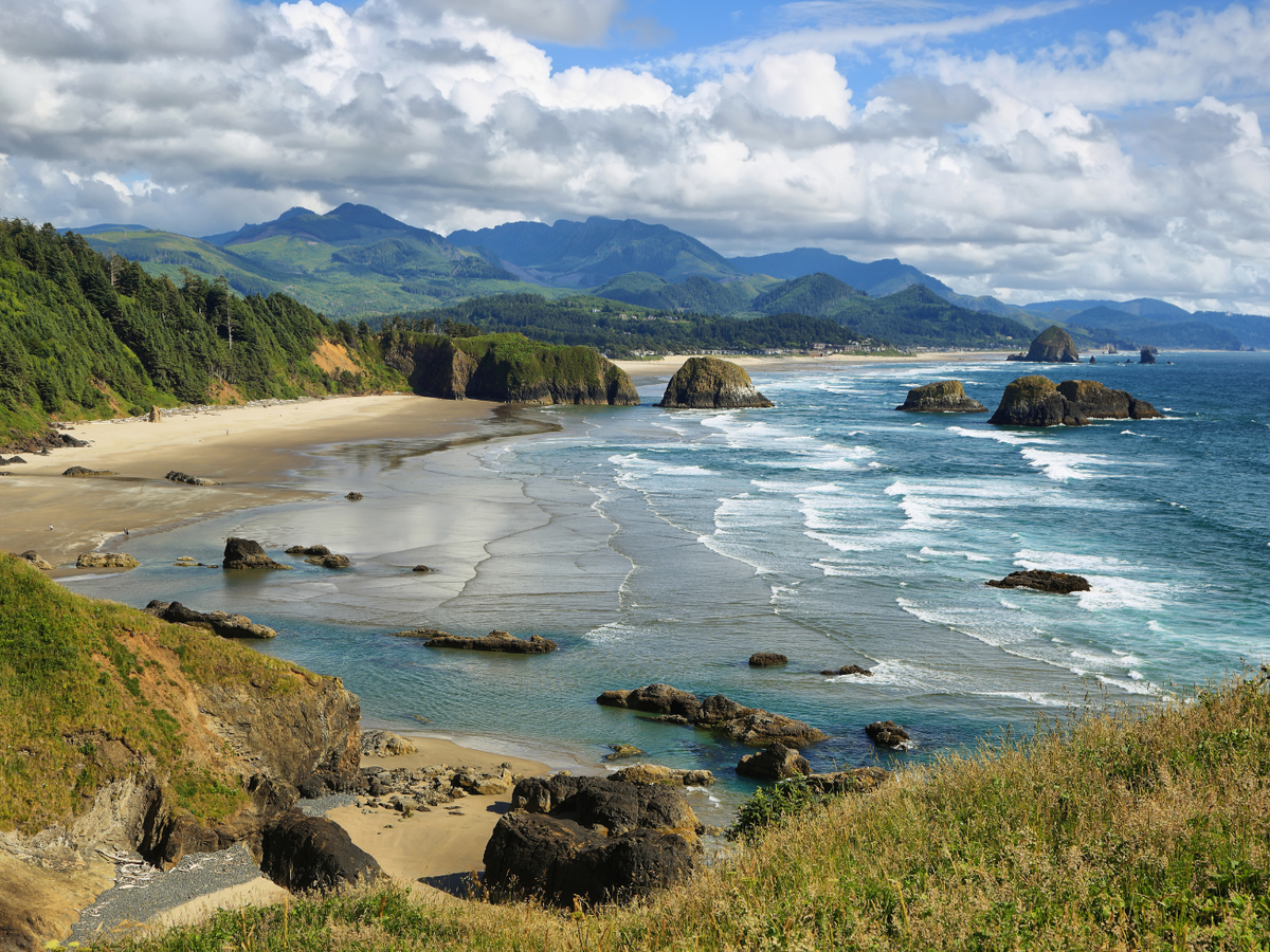 Aerial View of Cannon Beach, OR and Haystack Rock
