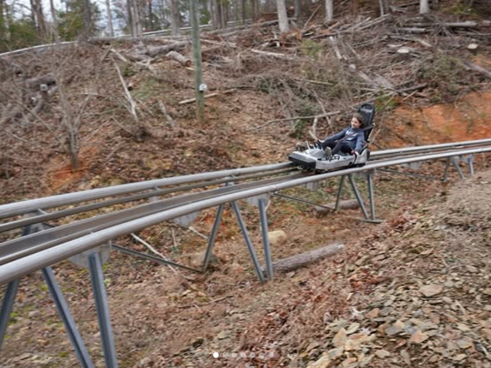 A person rides solo on Ripley’s Mountain Coaster, steering the cart as it winds down a raised metal alpine track through a wooded hillside.