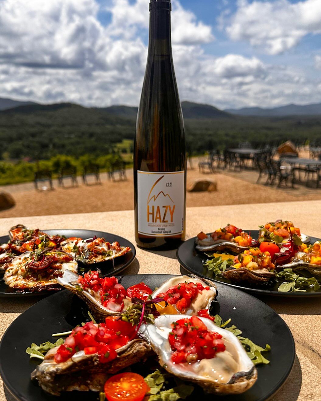 A bottle of Hazy Mountain wine is paired with colorful plates of oysters and fresh toppings overlooking the Blue Ridge Mountains. The stunning view and gourmet pairing showcase Virginia’s elevated mountain wine experience.