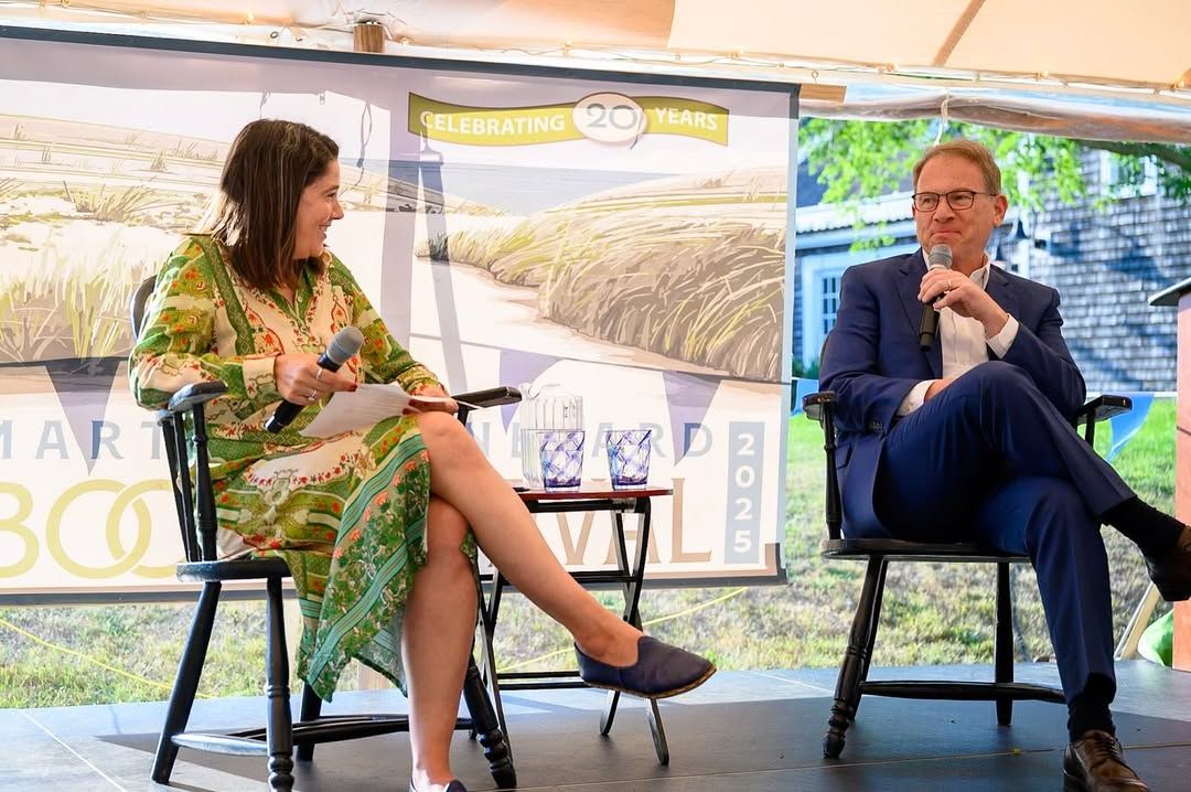 Authors share stories and laughter under a bright tent during the Martha’s Vineyard Book Festival’s 20th anniversary celebration. With lively discussions and a welcoming atmosphere, the festival brings together readers and writers from near and far.