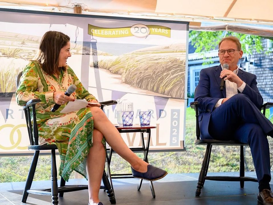 Authors share stories and laughter under a bright tent during the Martha’s Vineyard Book Festival’s 20th anniversary celebration. With lively discussions and a welcoming atmosphere, the festival brings together readers and writers from near and far.