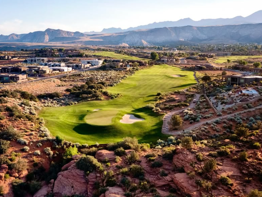 A breathtaking aerial view of a desert golf course surrounded by red rock formations, lush green fairways, and modern homes, set against a stunning mountain backdrop