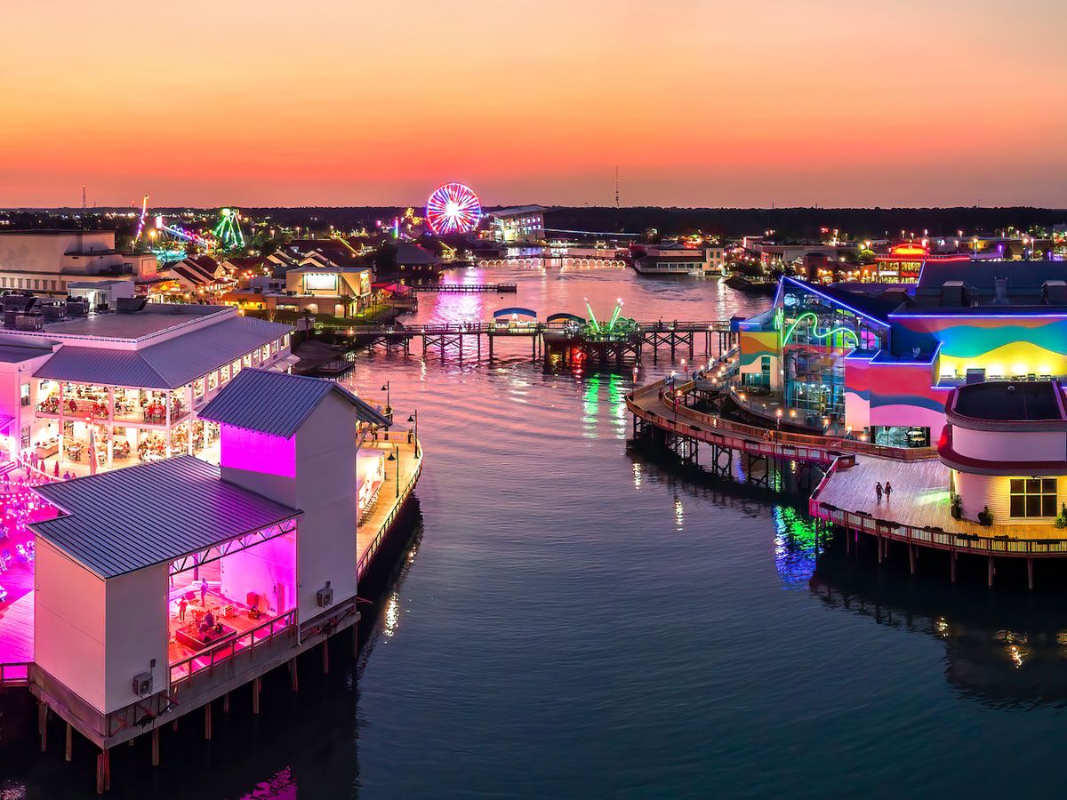 Aerial View of Myrtle Beach at Sunset With Neon Lights