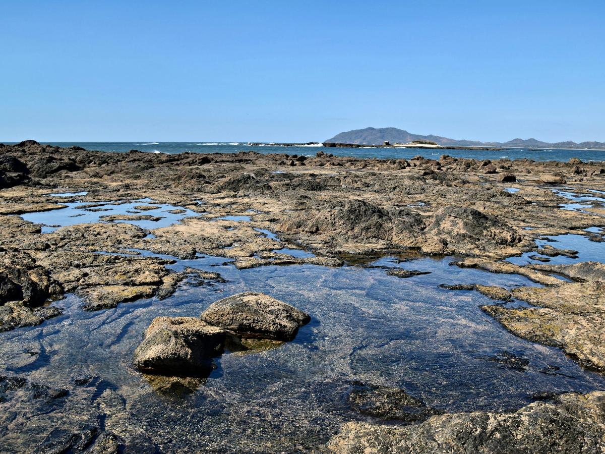 Rocky tide pools spread across the shoreline with crystal-clear water reflecting the blue sky. Great spot for exploring Costa Rica’s coastal marine life on foot.