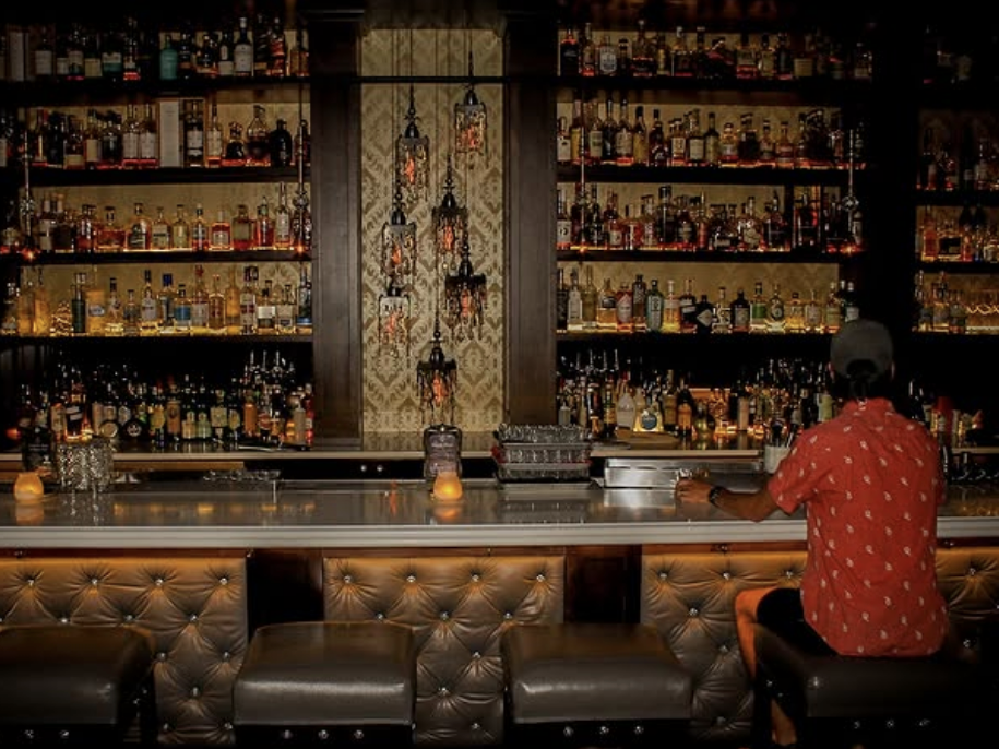 A dimly lit, upscale bar with tufted leather stools, ornate hanging lanterns, and an extensive selection of liquor bottles lining the back wall, with a single person in a red patterned shirt sitting at the counter.