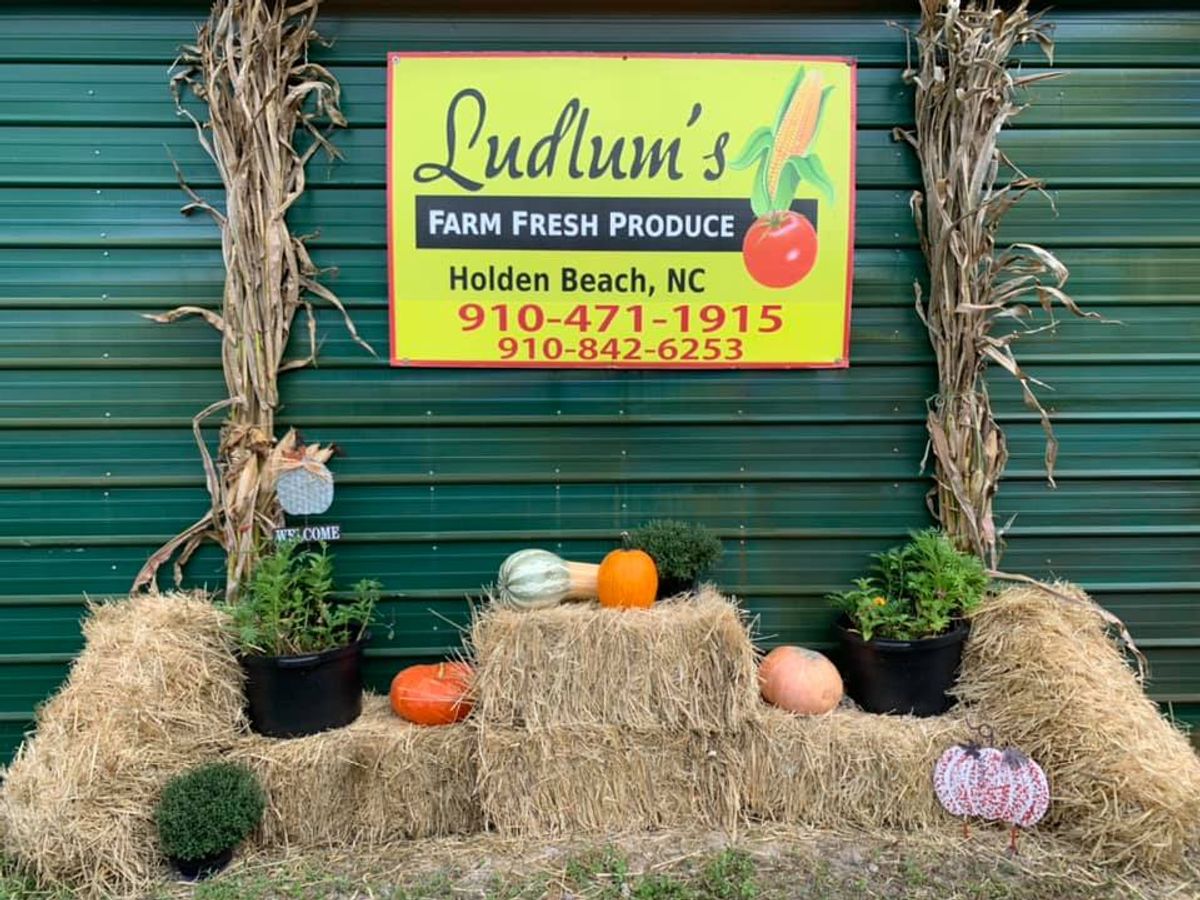Pumpkins, hay bales, and fall decor sit outside Ludlum’s Produce stand. A cozy local stop in Holden Beach for fresh produce and festive vibes.