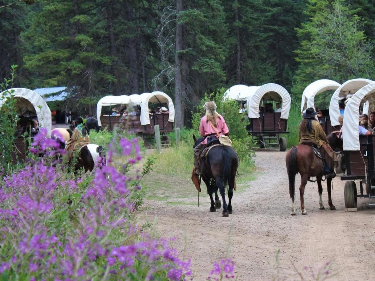 A line of white-canopied covered wagons filled with guests rolls down a gravel forest road, led by two riders in period Western attire on horseback. Bright purple wildflowers bloom in the foreground beneath tall evergreens on a lush summer day