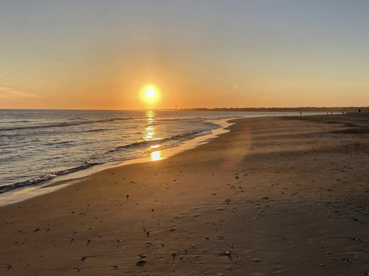 A golden sunset reflects off the gentle waves and smooth sand of a quiet beach, with distant silhouettes of people along the shoreline.