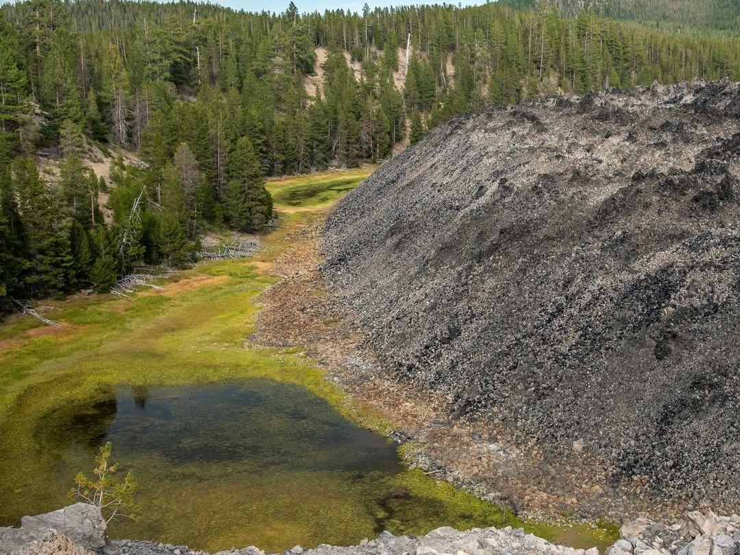 Towering golden cliffs rise above a winding river, set against a backdrop of clear blue skies and high desert scenery. A stunning view highlighting the rugged beauty near the Sunriver Nature Center.