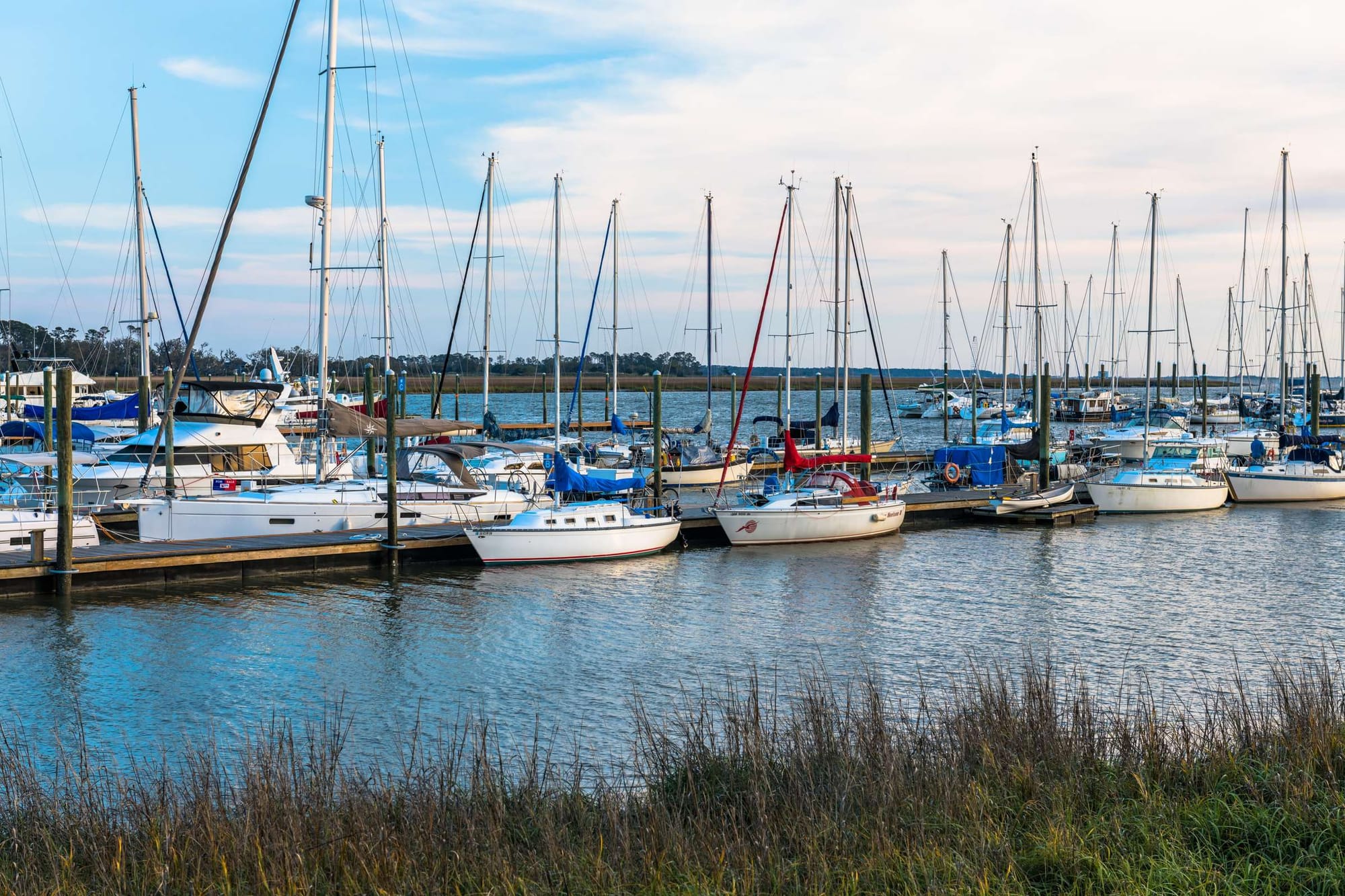 A marina filled with sailboats sits along the calm waterfront of St. Simons Island, Georgia. Tall masts reflect on the water while marsh grass lines the shoreline. St. Simons Island offers relaxed coastal living and scenic harbor views.