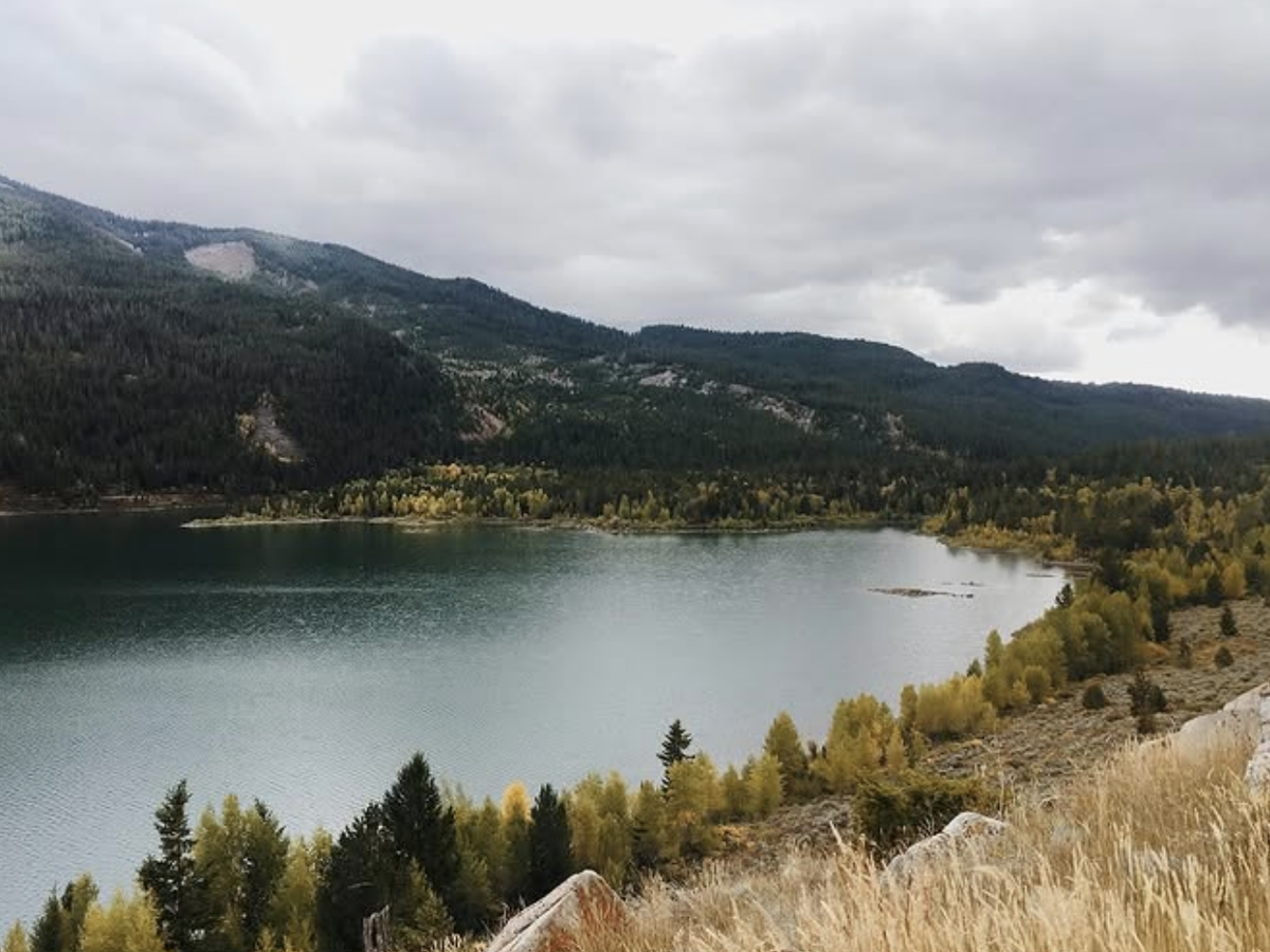 Scenic lake surrounded by golden autumn trees and forested hills under a cloudy sky.