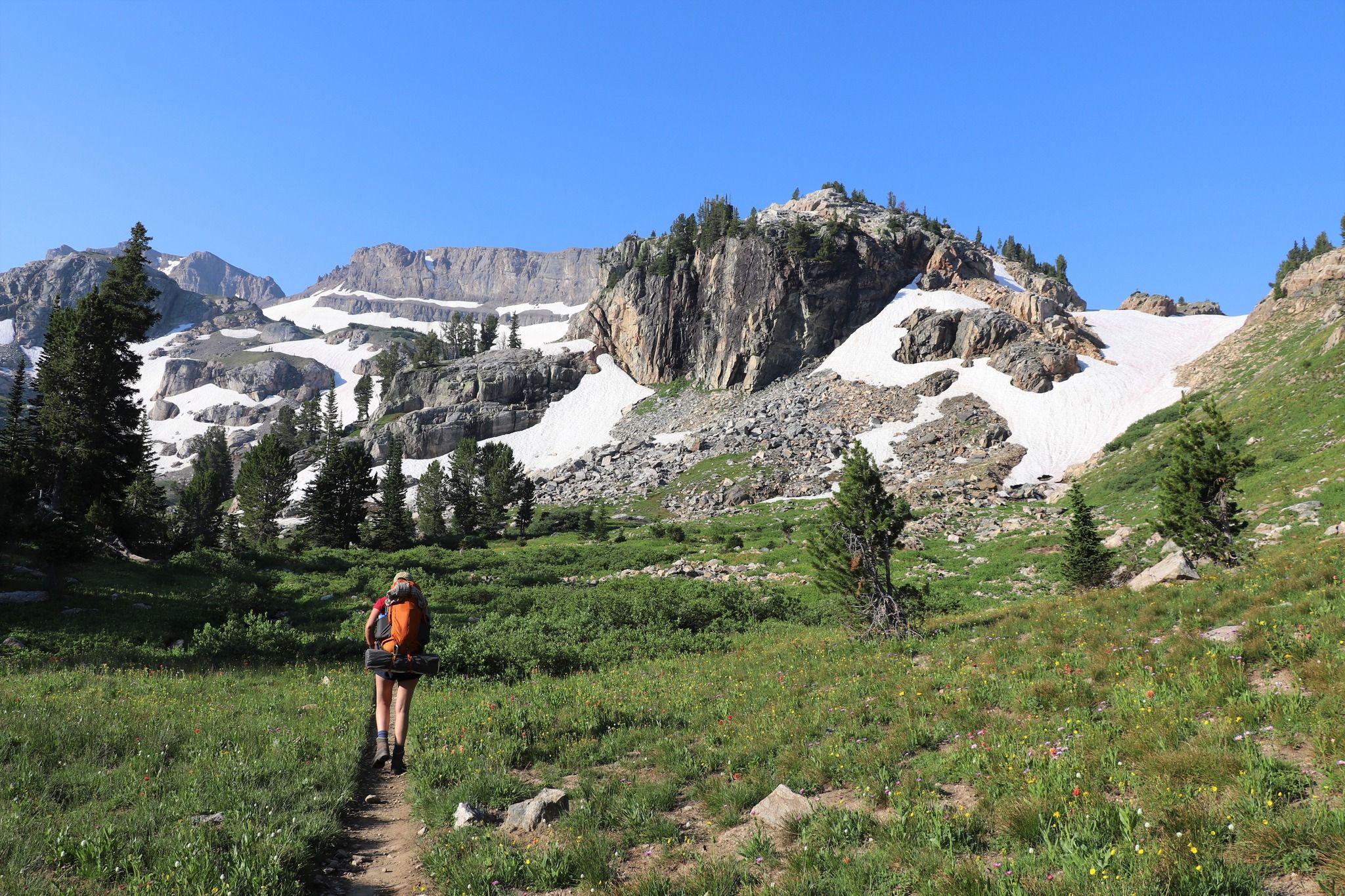 A solo hiker walks through a green meadow toward the rugged peaks of Grand Teton National Park. Snow patches and wildflowers add contrast to the dramatic mountain views. This park is known for peaceful hiking trails and stunning scenery.