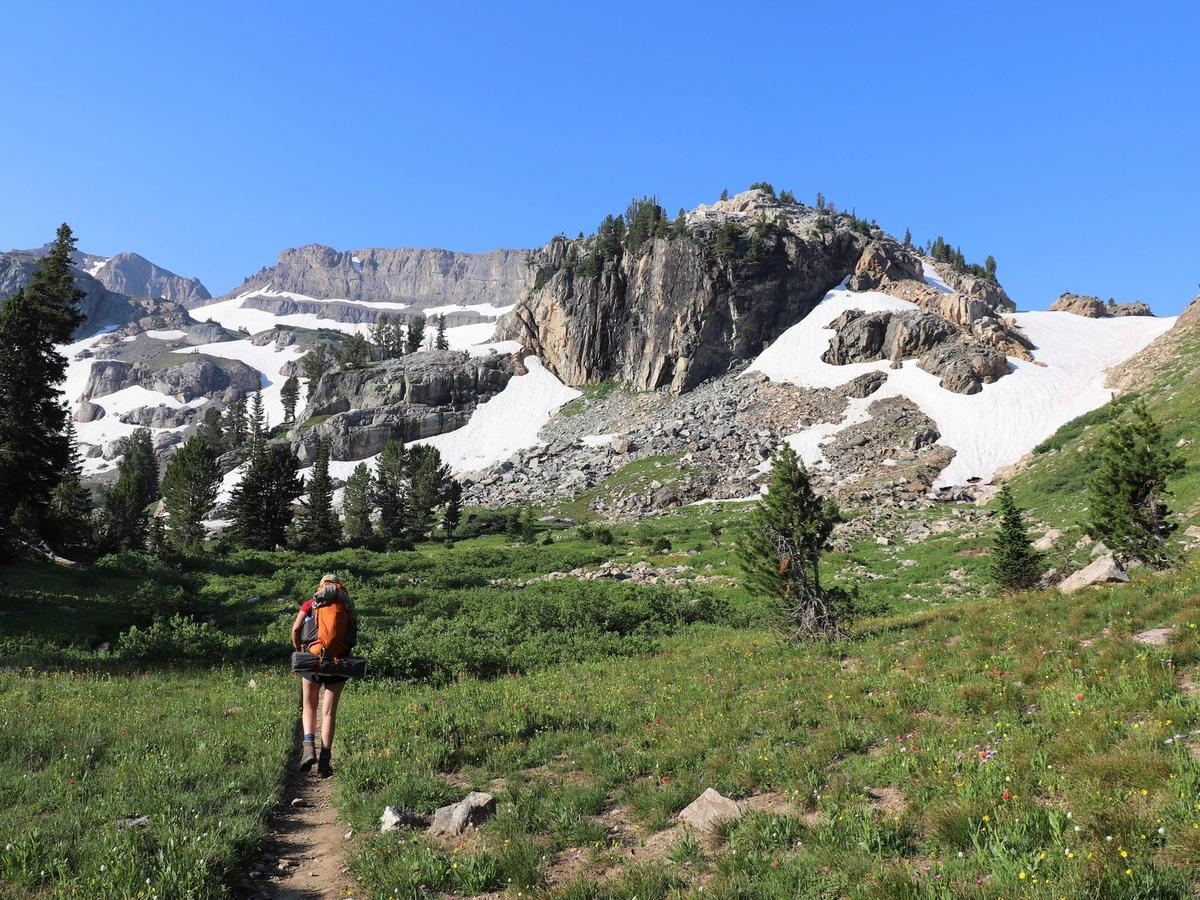A solo hiker walks through a green meadow toward the rugged peaks of Grand Teton National Park. Snow patches and wildflowers add contrast to the dramatic mountain views. This park is known for peaceful hiking trails and stunning scenery.