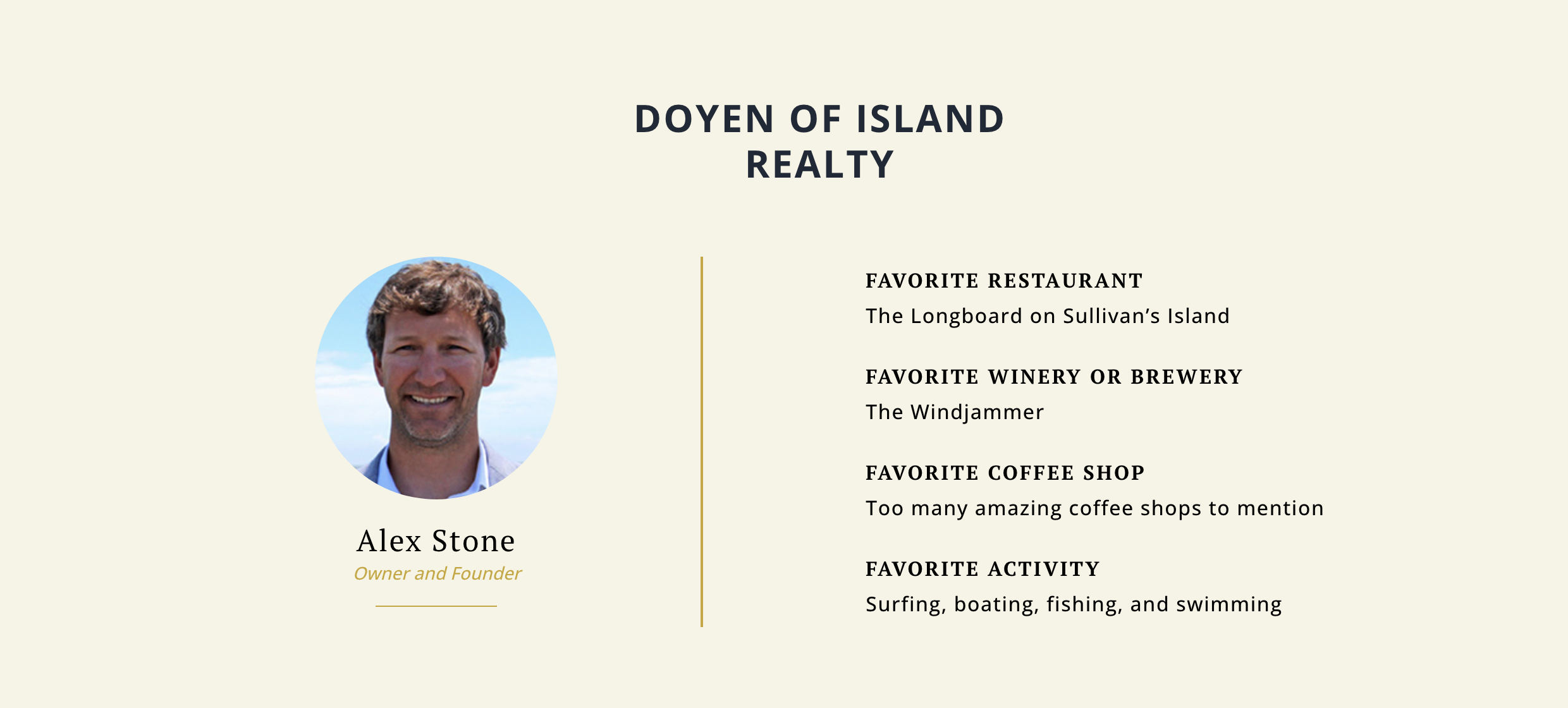 A professional profile of Alex Stone, Owner and Founder of Island Realty, featuring a headshot with a beach background. The profile highlights his favorite restaurant, brewery, coffee shops, and outdoor activities, reflecting his love for coastal living