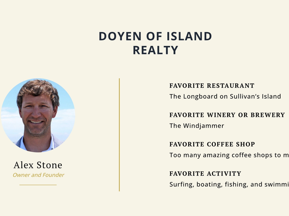A professional profile of Alex Stone, Owner and Founder of Island Realty, featuring a headshot with a beach background. The profile highlights his favorite restaurant, brewery, coffee shops, and outdoor activities, reflecting his love for coastal living