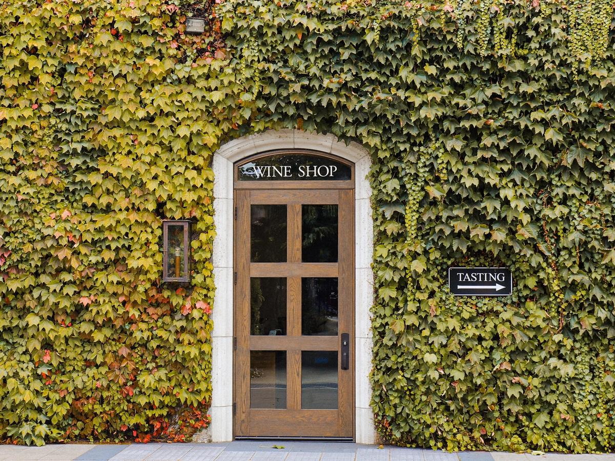 Wine shop door at Caymus in Napa valley wine country