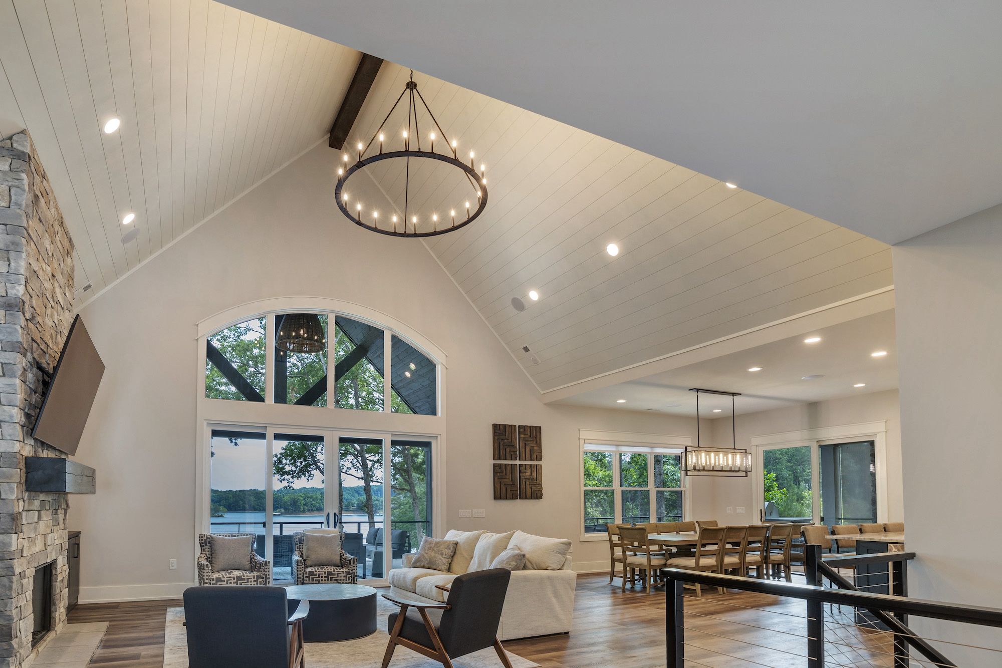 Luxury Clemson Vacation Rental Living Room With Beautiful Lighting Overlooking Lake 