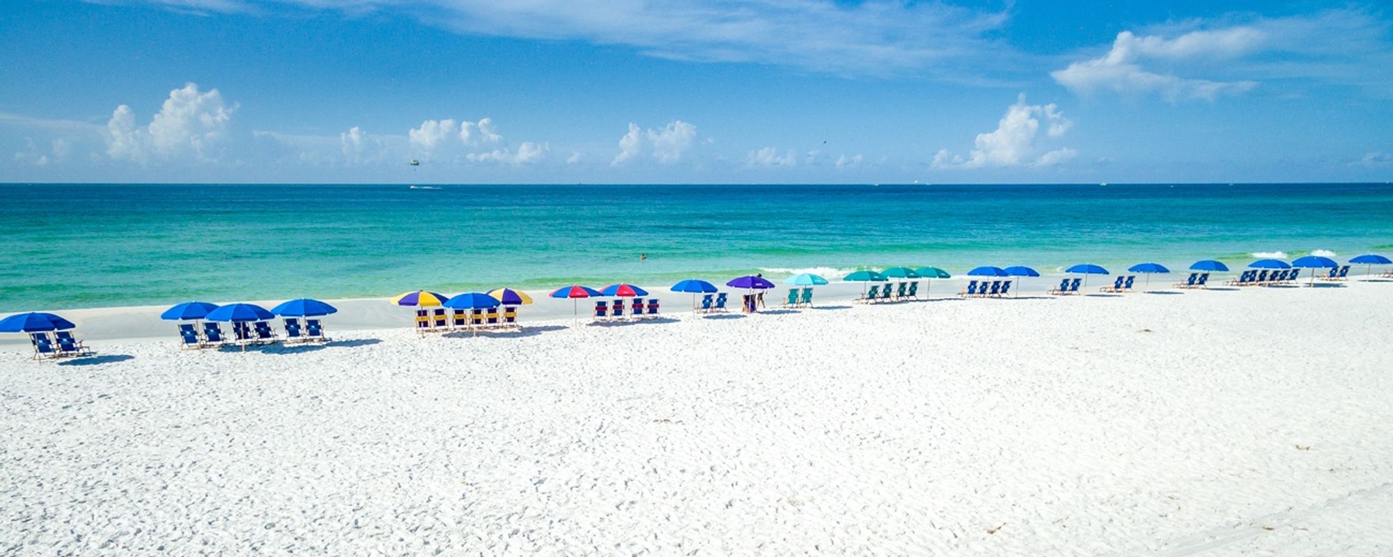 Beach in Destin Florida with chairs and umbrellas