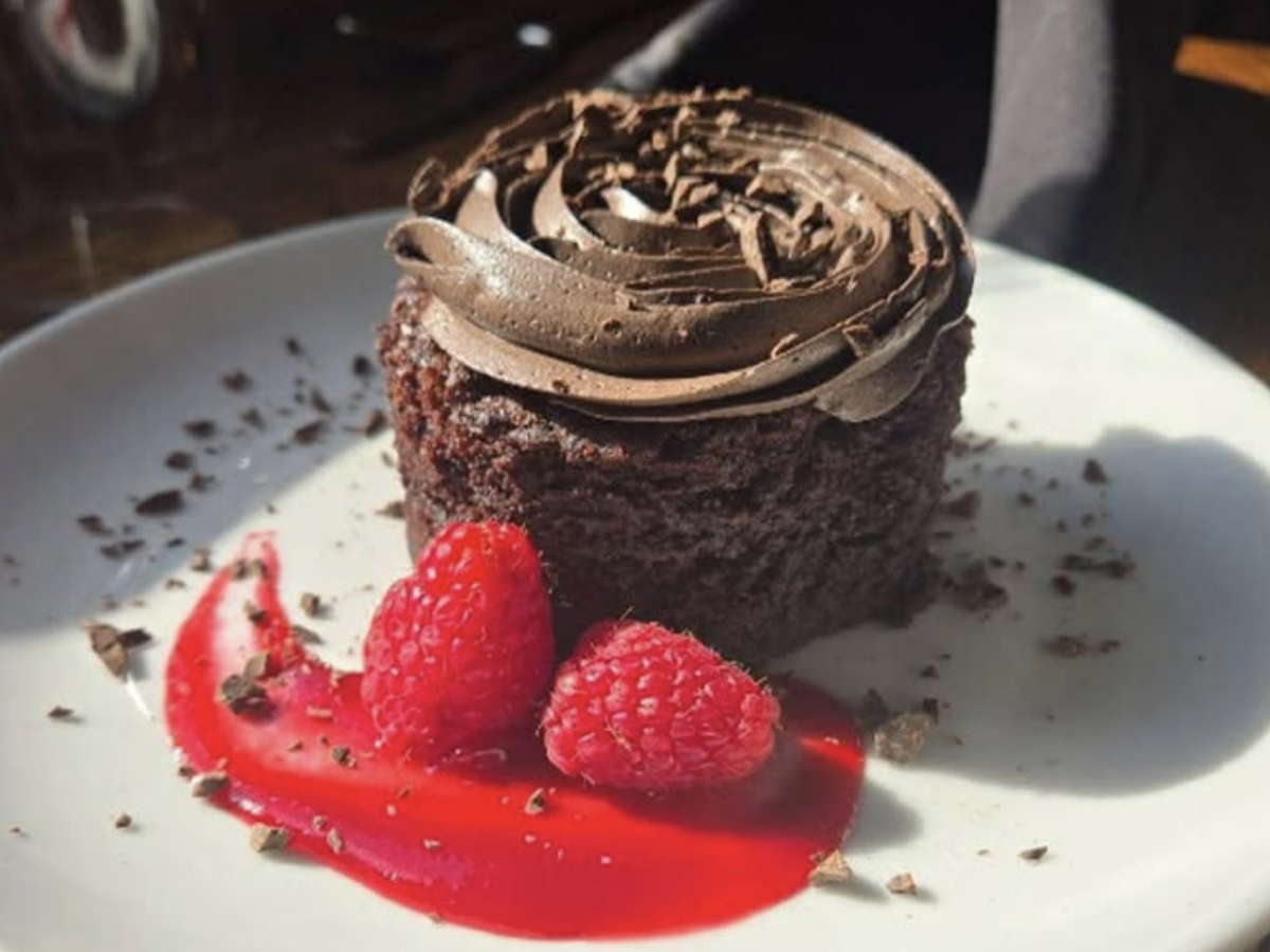 A rich chocolate cupcake topped with swirled chocolate frosting and chocolate shavings, served with fresh raspberries and a drizzle of raspberry sauce on a white plate.