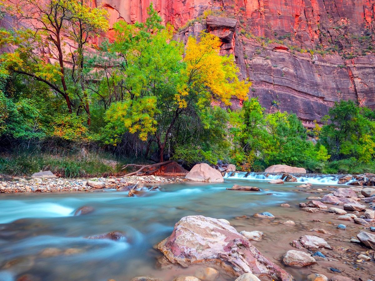 River and Colorful Canyon Walls in Zion National Park, Utah