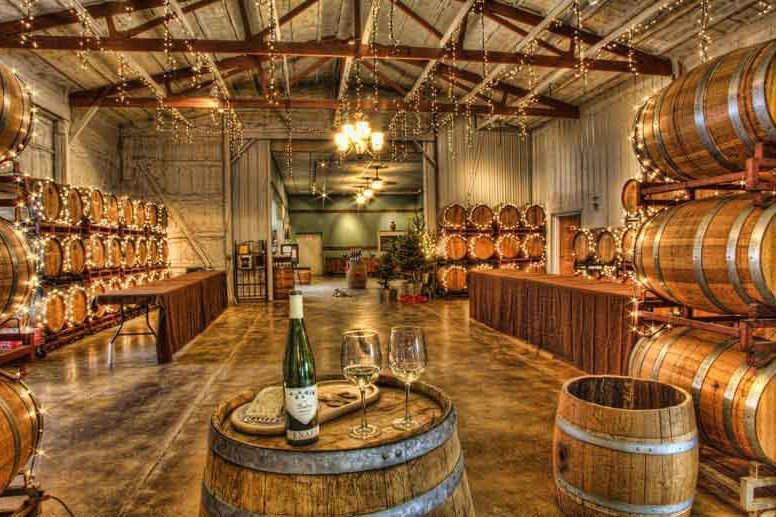 A cozy wine cellar setup at FLX Summer Fest with wooden barrels, string lights, and wine glasses ready for tasting. Events like this highlight the Finger Lakes’ strong wine culture and relaxed social vibe.