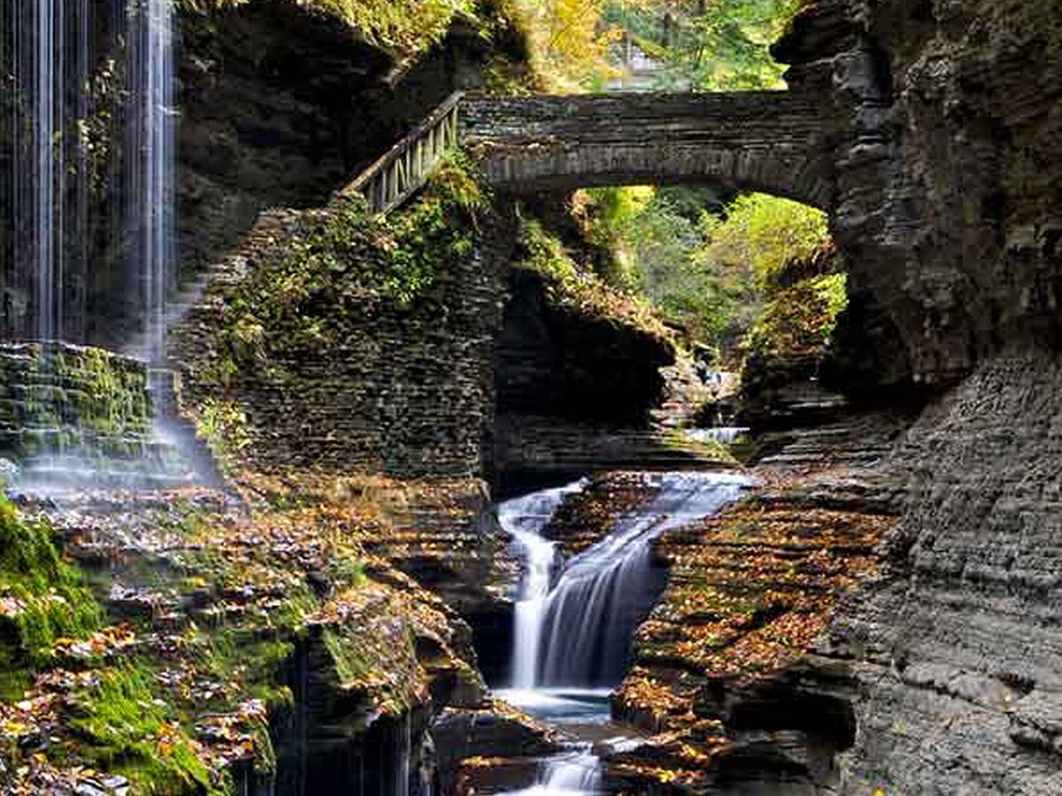 View of waterfall and Footbridge in Watkins Glen State Park