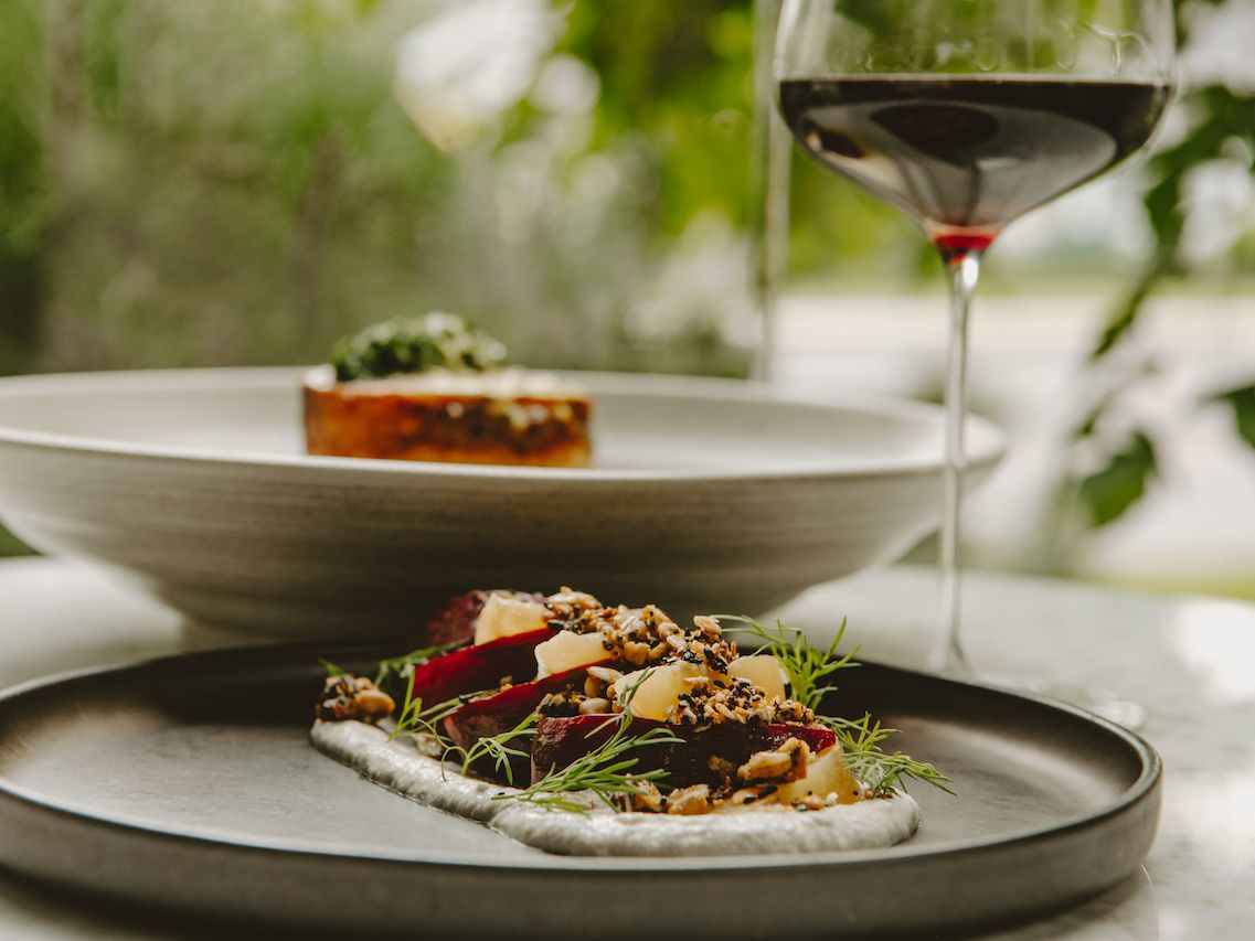 A beautifully styled plate features roasted vegetables, herbs, nuts, and a smooth sauce, paired with a glass of red wine. The soft, natural light gives the meal a calm and elegant feel. It highlights the seasonal, upscale style of Ariana Restaurant