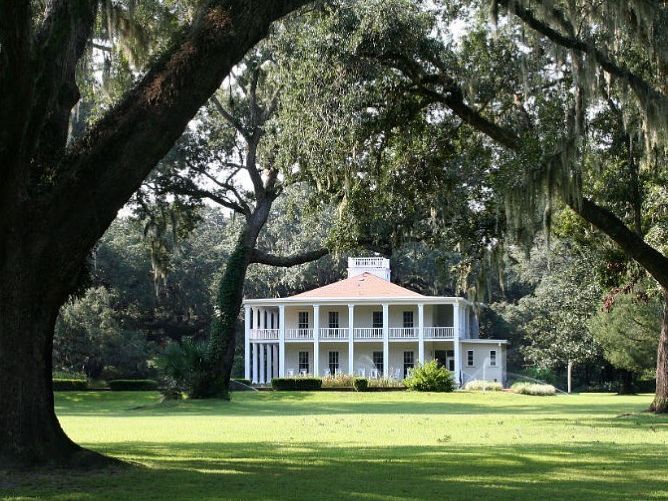 Enjoy nature at a historic white Southern estate surrounded by giant oak trees draped in Spanish moss.