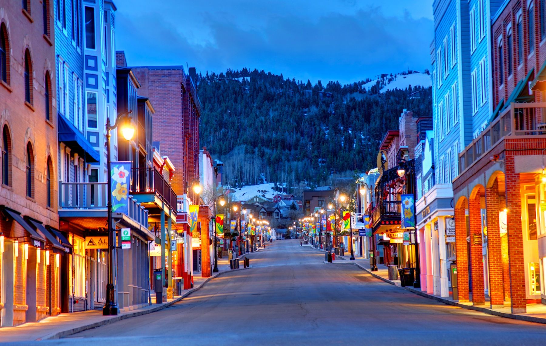 Downtown Park City Utah at night during the winter