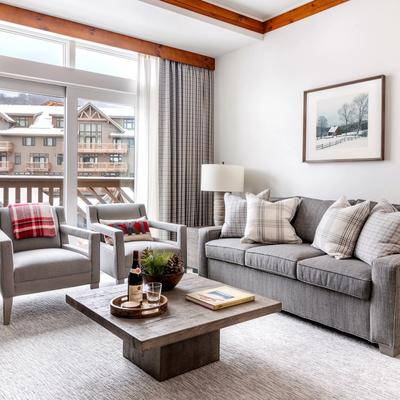 Living room with a resort view in a Stowe vacation rental.