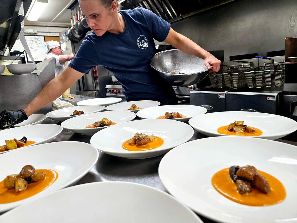 A chef prepares a row of beautifully plated appetizers in the Saltbox Cafe kitchen. The dishes feature roasted vegetables on a bed of creamy orange sauce, showing off the restaurant's creative, coastal-inspired menu.