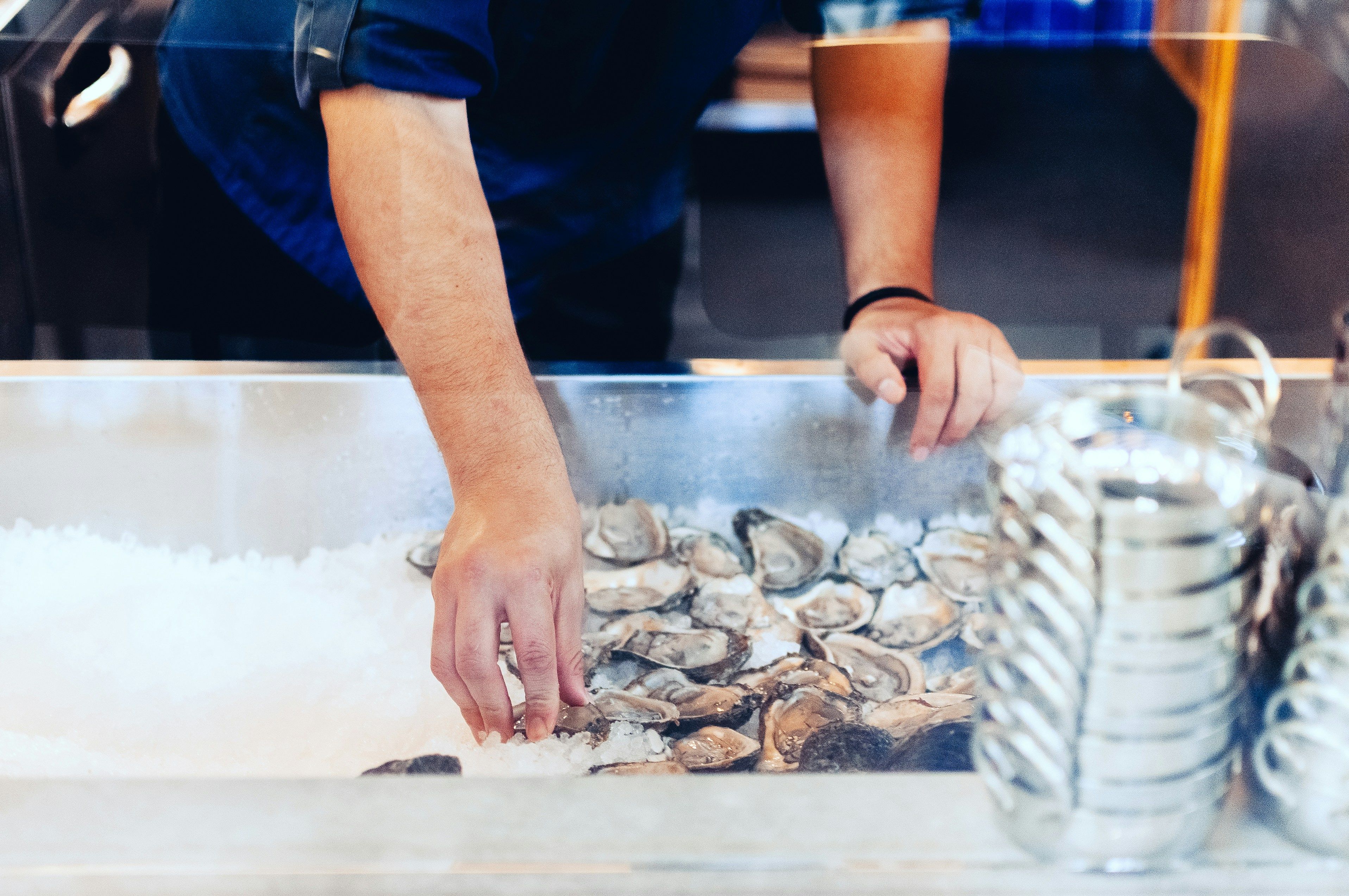 A person behind a counter arranges fresh oysters on a bed of crushed ice, preparing them for serving in a seafood bar or restaurant setting.