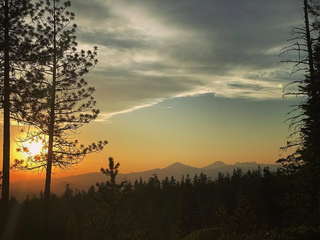 Golden sunset over the forested mountains at Newberry National Volcanic Monument, with silhouettes of pine trees in the foreground.