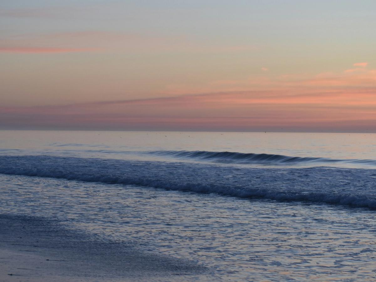Gentle ocean waves roll onto a quiet beach under a pastel-colored sunset sky, with soft hues of pink, purple, and blue blending at the horizon.