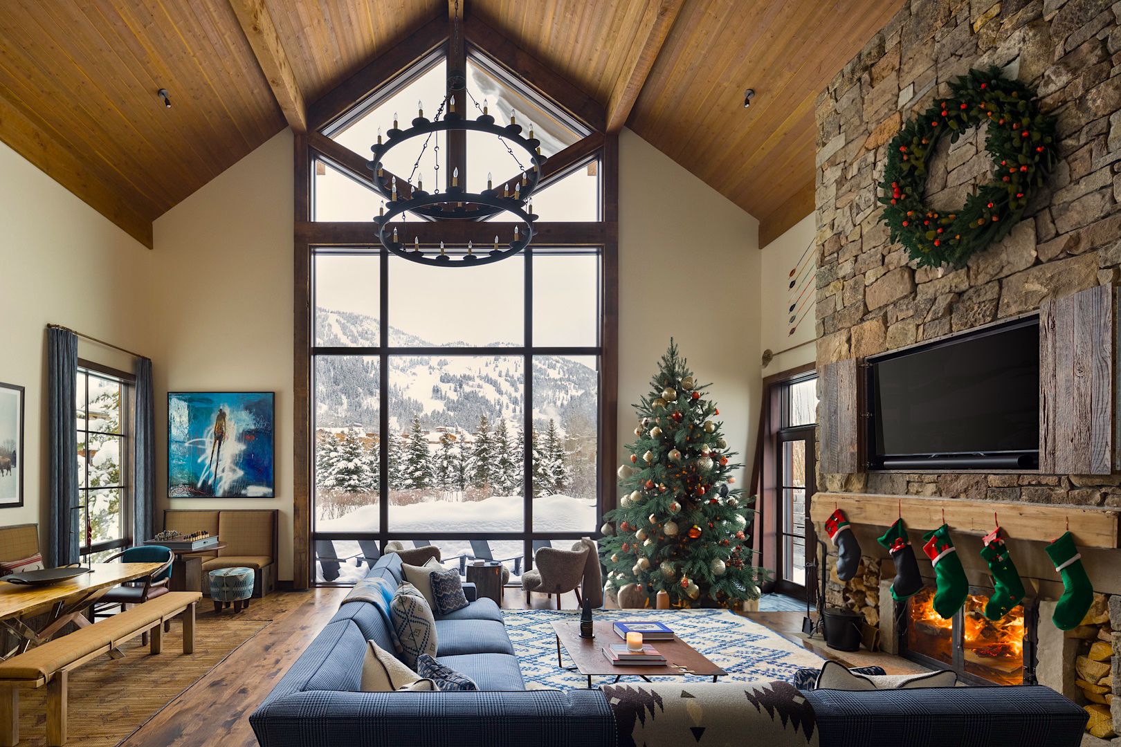 Jackson Hole Wyoming Luxury Living Room in the Winter with Holiday Decorations