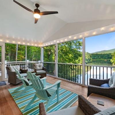 Screened porch with lake views.