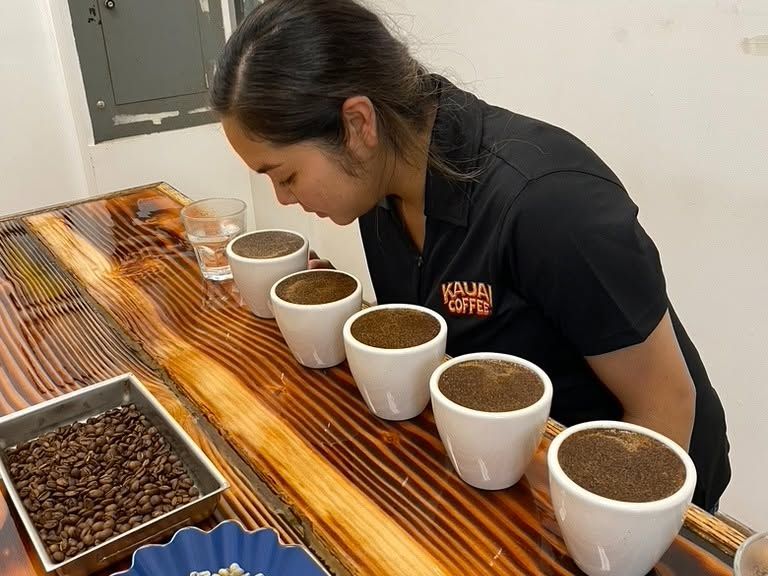A Kauai Coffee Company staff member leans in to smell a row of freshly ground coffee samples during a cupping tasting session, with roasted and green coffee beans displayed on the wooden counter.