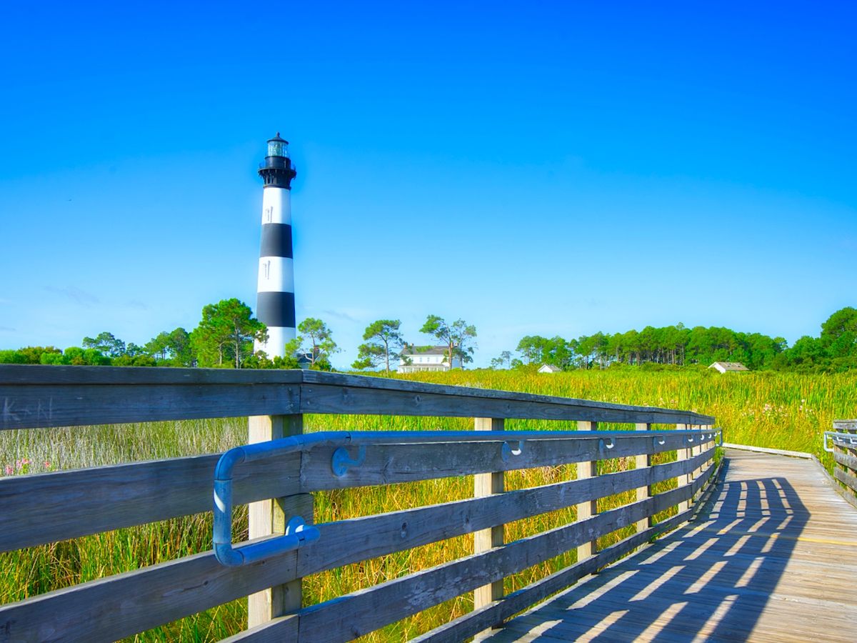 Boardwalk Landscape in the Outer Banks with Bodie Island Lighthouse in the background